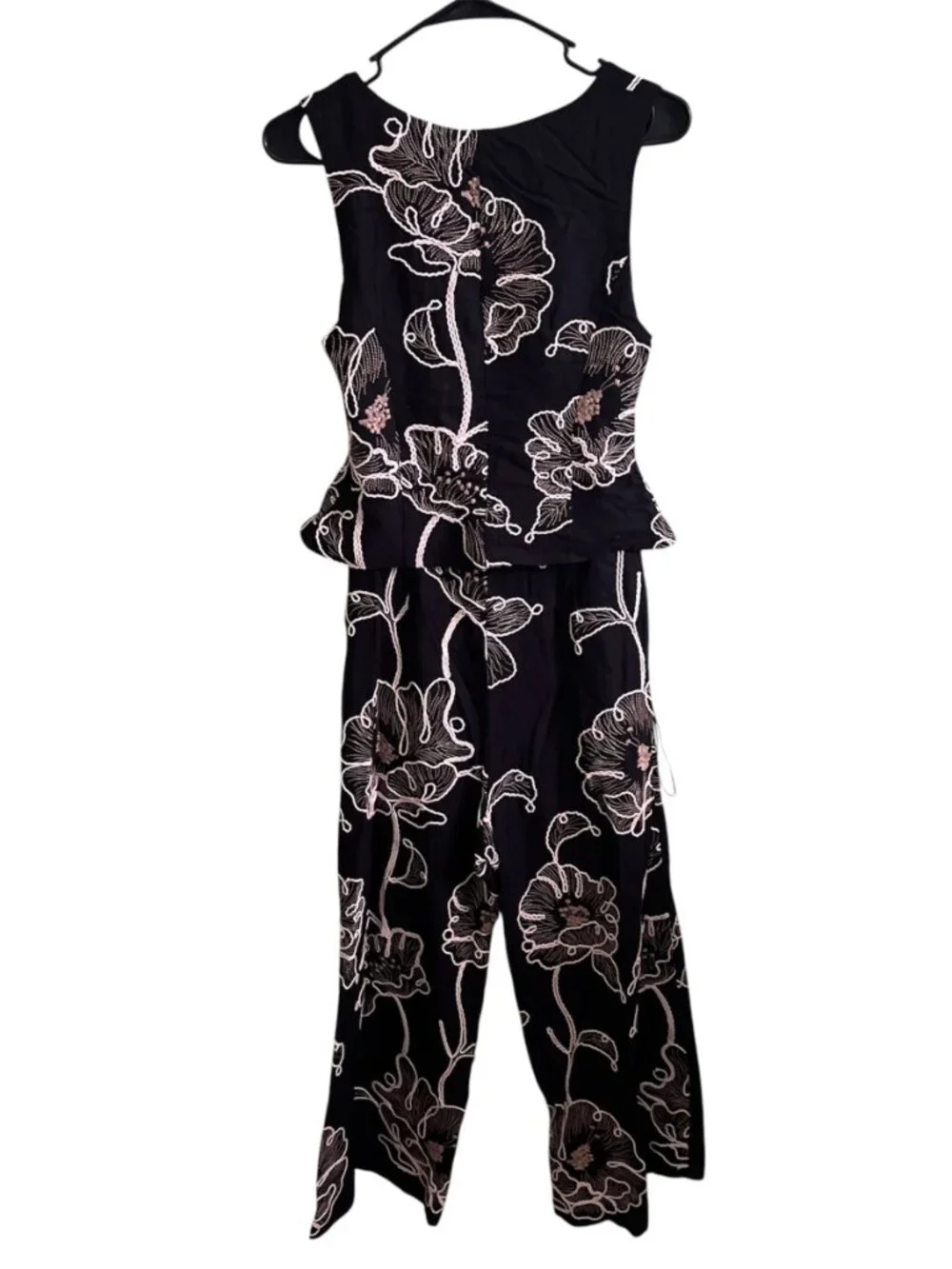 Zara Floral Embroidered Jumpsuit Black Ecru Wide Leg Linen Blend Small Summer